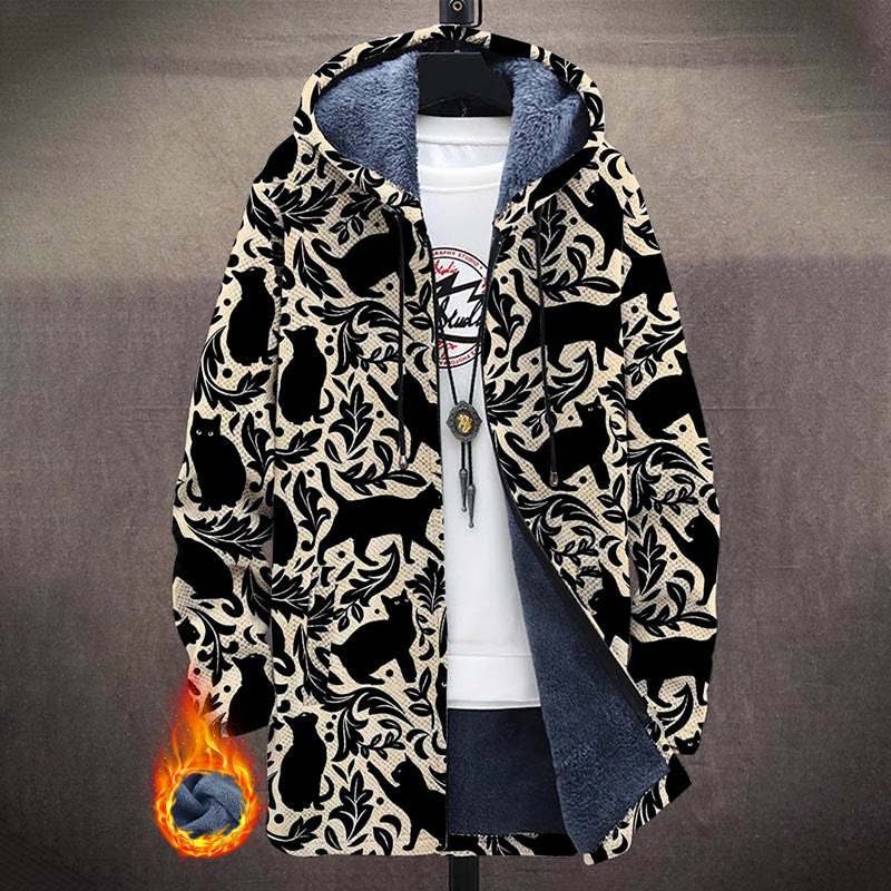 Vintage Black Cat And Floral Pattern Print Unisex Plush Thick Long-sleeved Fleece Jacket Coat - Black - 5XL - image 1