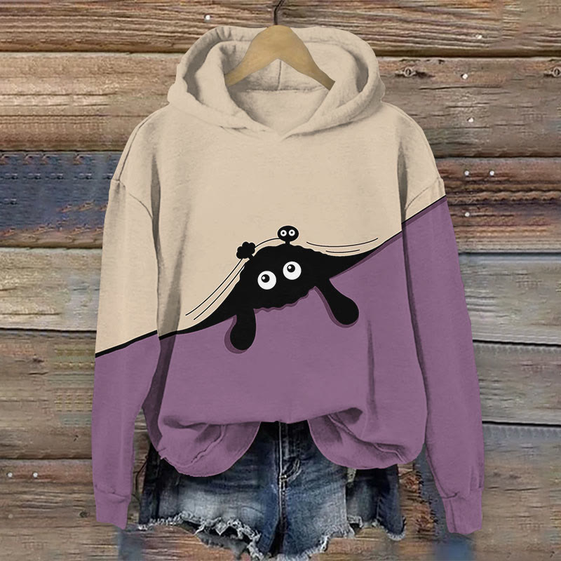 Women's Japanese Creative Cat Covered With Quilt Print Long Sleeve Hoodie - Purple - 8XL - image 2