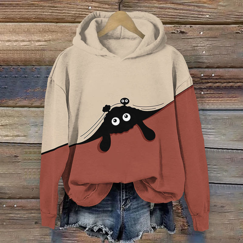 Women's Japanese Creative Cat Covered With Quilt Print Long Sleeve Hoodie - Red - 8XL - image 4