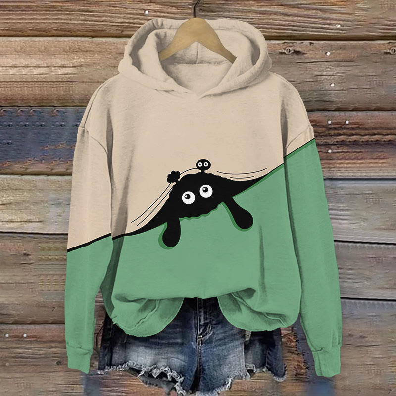 Women's Japanese Creative Cat Covered With Quilt Print Long Sleeve Hoodie - Green - 8XL - image 5