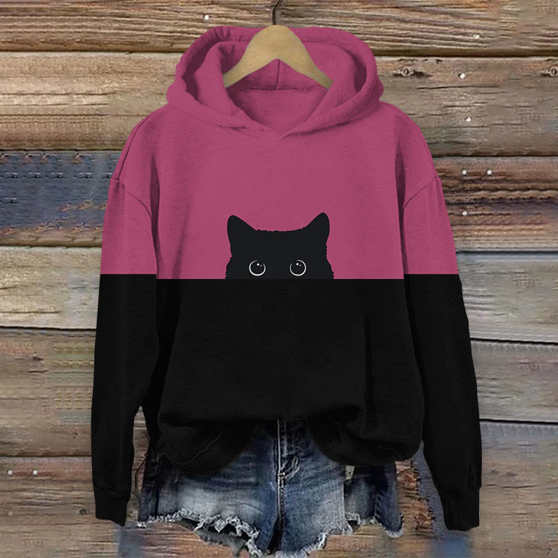 Women's Japanese Funny Black Cat Sticking Out Head Print Long Sleeve Hoodie - Rose - 8XL - image 3