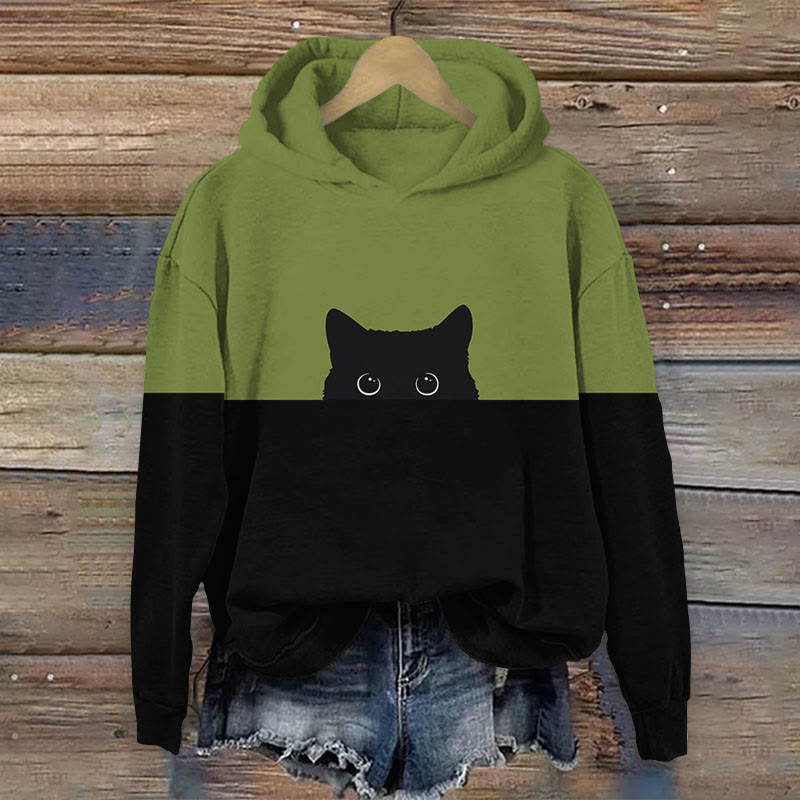 Women's Japanese Funny Black Cat Sticking Out Head Print Long Sleeve Hoodie - Green - 8XL - image 2