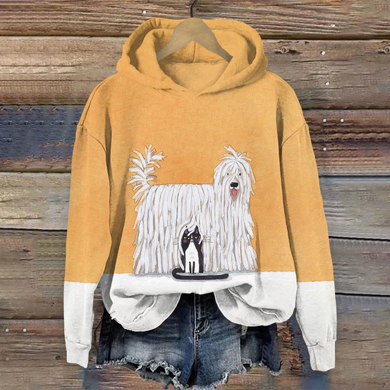 Lovely Cat And Dog Friends Color Block Print Long Sleeve Hoodie - Orange - 8XL - image 1