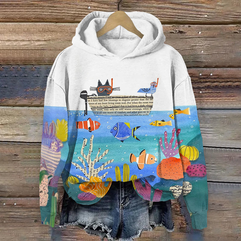 Colorblock Cat Undersea World Print Long Sleeve Hoodie - Multicolor - 8XL - image 1