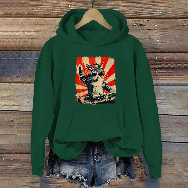 100% Cotton Dj Cat Print Women's Hoodie - Green - 2XL - image 4