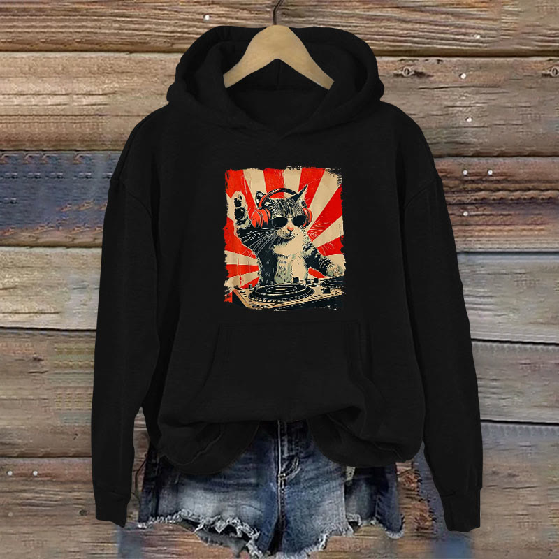 100% Cotton Dj Cat Print Women's Hoodie - Black - 2XL - image 1