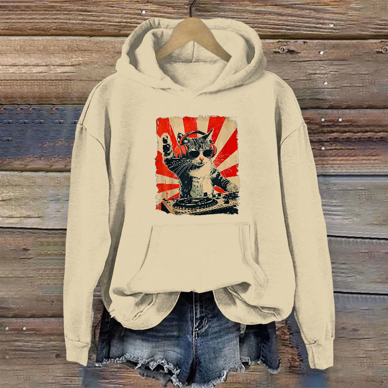 100% Cotton Dj Cat Print Women's Hoodie - Apricot - 2XL - image 3