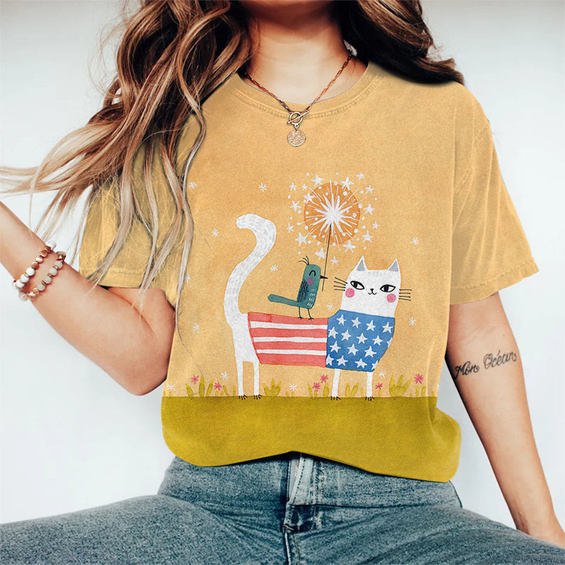 American Flag Kitten Colorblock Print Crew Neck T-shirt - Yellow - 8XL - image 1