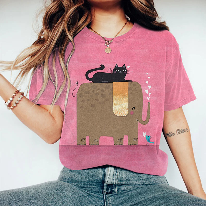 Kitten And Elephant Friends Print Crew Neck T-shirt - Dark Pink - 8XL - image 1