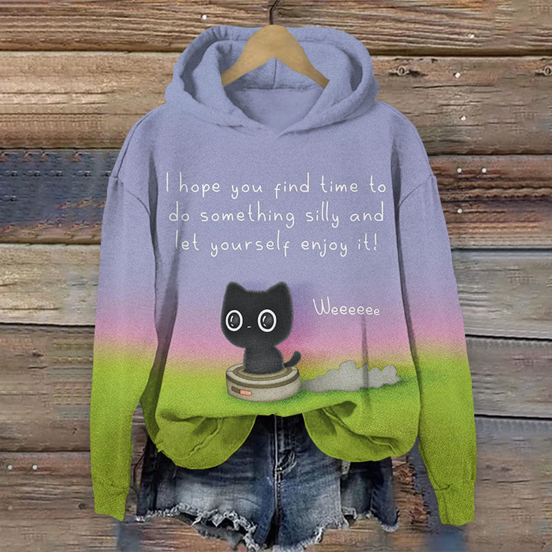 Cute Little Black Cat Alphabet Pattern Print Long Sleeve Hoodie - Purple - 8XL - image 1