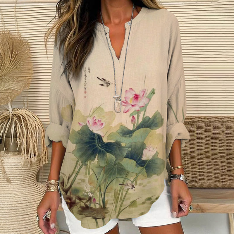 Women's Japanese Vintage Lotus Art Printed V Neck Long Sleeve Blouse - Khaki - 8XL - image 1