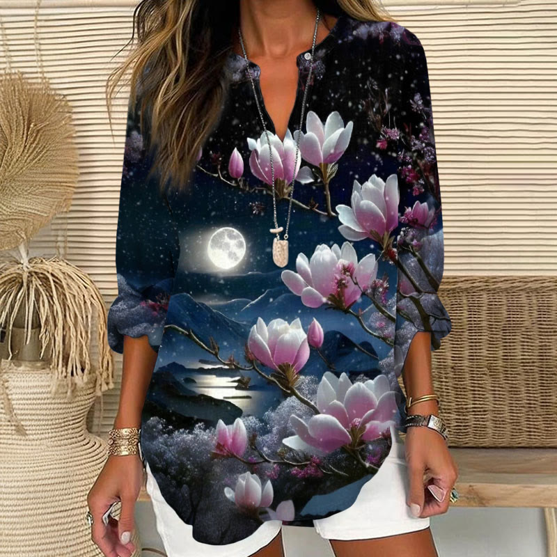 Women's Moonlight Lovely Lotus Art Printed V Neck Long Sleeve Blouse - Multicolor - 8XL - image 1