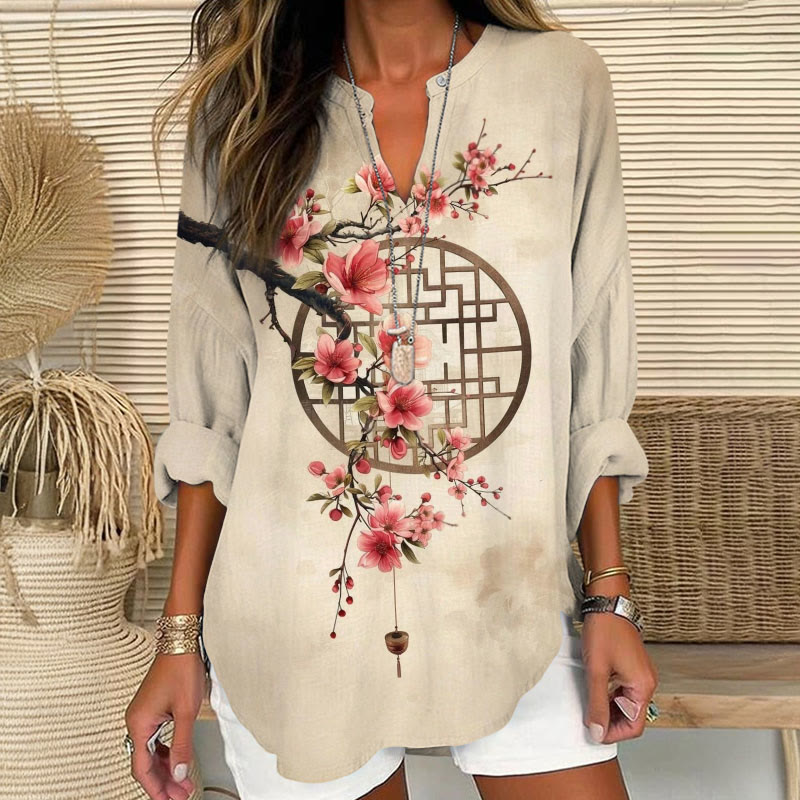 Women's Retro Plum Blossom Art Printed V Neck Long Sleeve Blouse - Apricot - 8XL - image 1