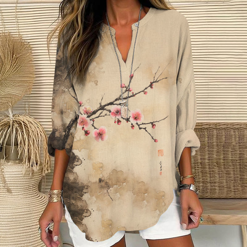 Women's Japanese Retro Pinky Sakura Art Printed V Neck Long Sleeve Blouse - Apricot - 8XL - image 1