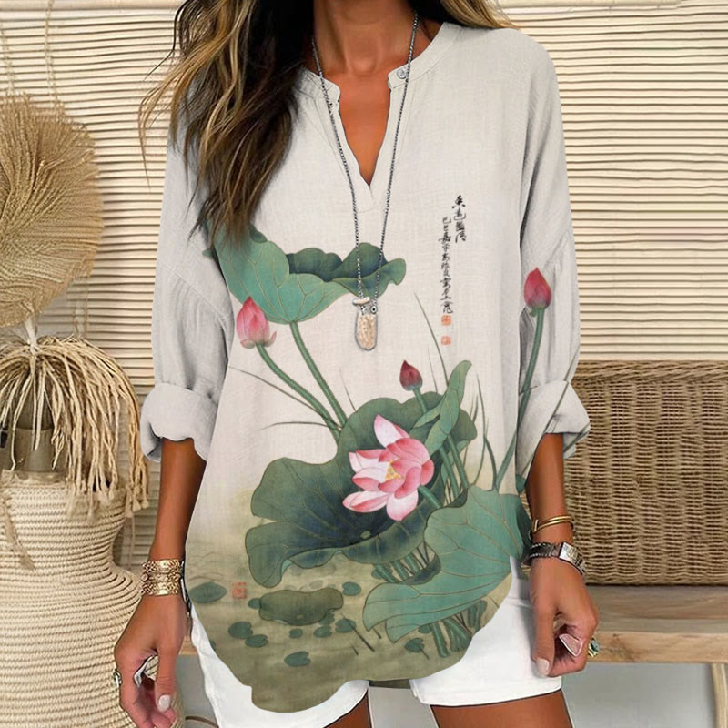 Women's Japanese Blooming Lotus In The Pond Printed V Neck Long Sleeve Blouse - Green - 8XL - image 1
