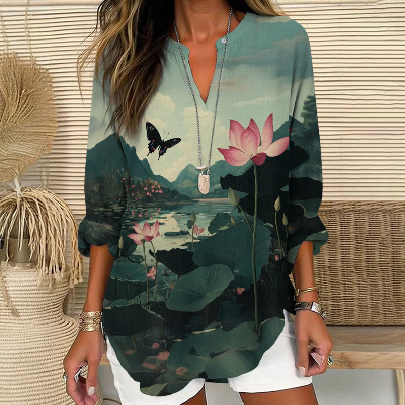 Women's Lovely Butterfly With Lotus Pond Printed V Neck Long Sleeve Blouse - Dark Green - 8XL - image 1