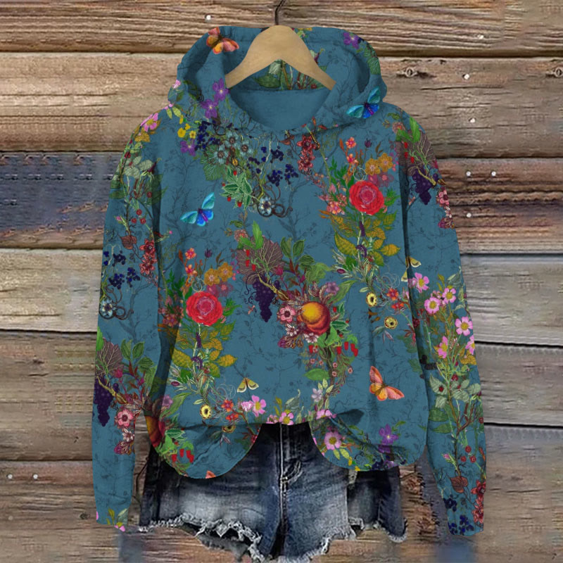 Women's Vintage Floral Art Print Long Sleeve Hoodie - Green - 8XL - image 1