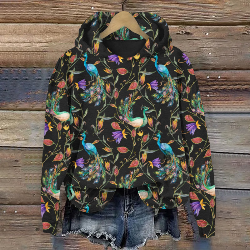 Women's Vintage Floral Peacock Print Long Sleeve Hoodie - Multicolor - 8XL - image 1