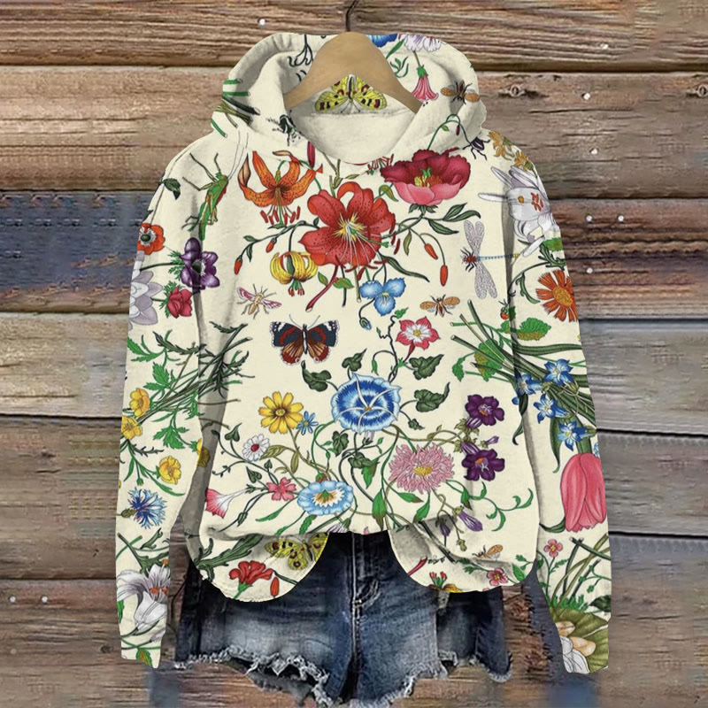 Women's Vintage Floral Insect Print Long Sleeve Hoodie - Multicolor - 8XL - image 1