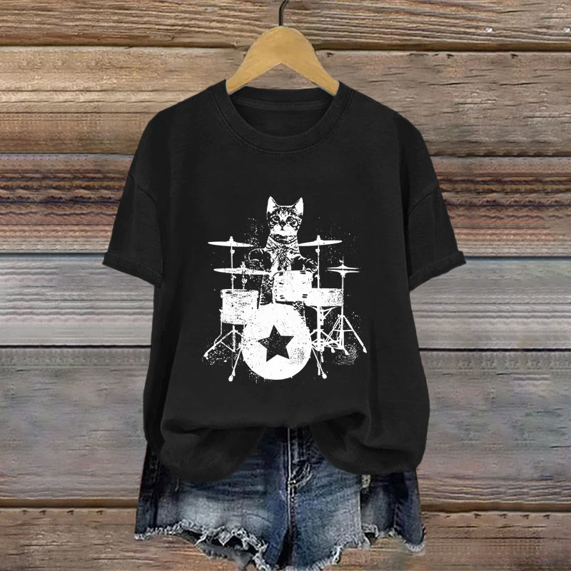 100% Cotton Vintage Rockstar Kitty Beats Drums Printed T-shirt - Black - 2XL - image 1