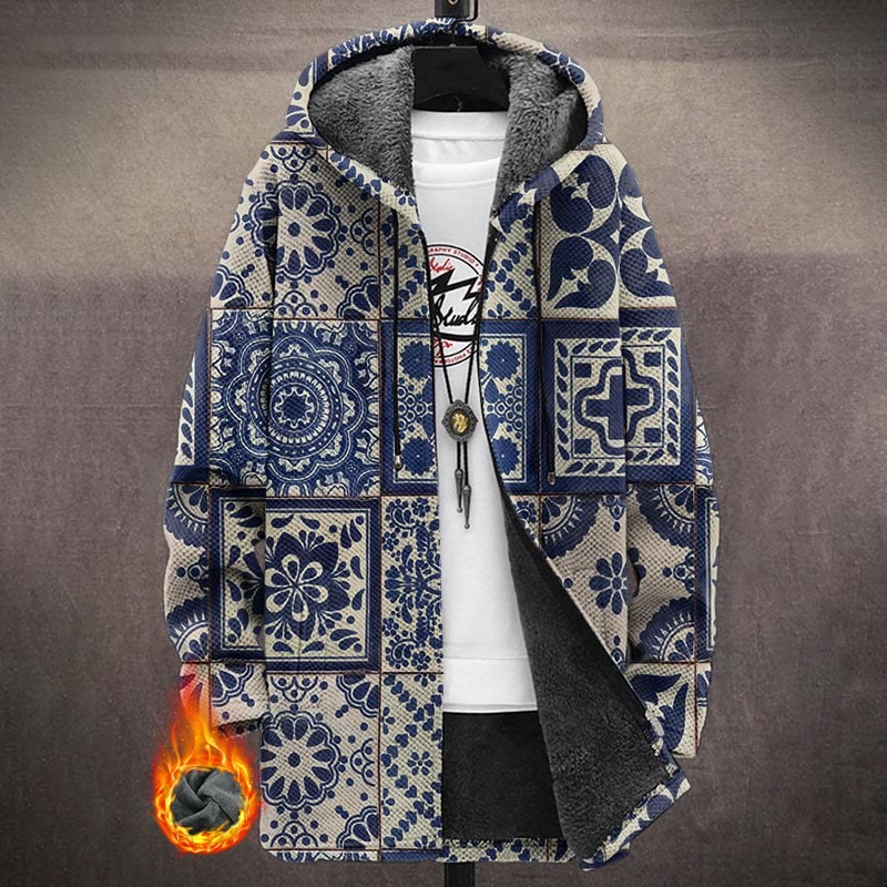Vintage Blue Ethnic Floral Art Print Unisex Plush Thick Long-sleeved Fleece Jacket Coat - Blue - 5XL - image 1