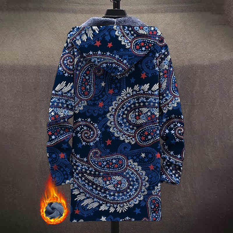 Blue Traditional Tribal Pattern Print Unisex Plush Thick Long-sleeved Fleece Jacket Coat - image 3