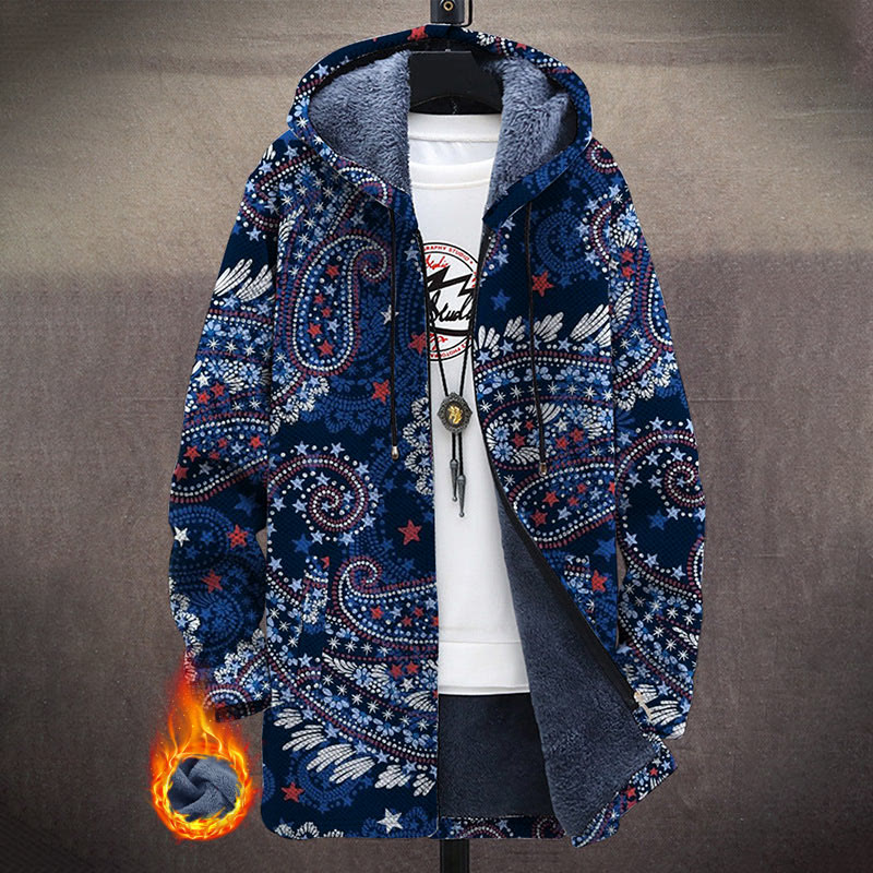 Blue Traditional Tribal Pattern Print Unisex Plush Thick Long-sleeved Fleece Jacket Coat - Navy Blue - 5XL - image 1