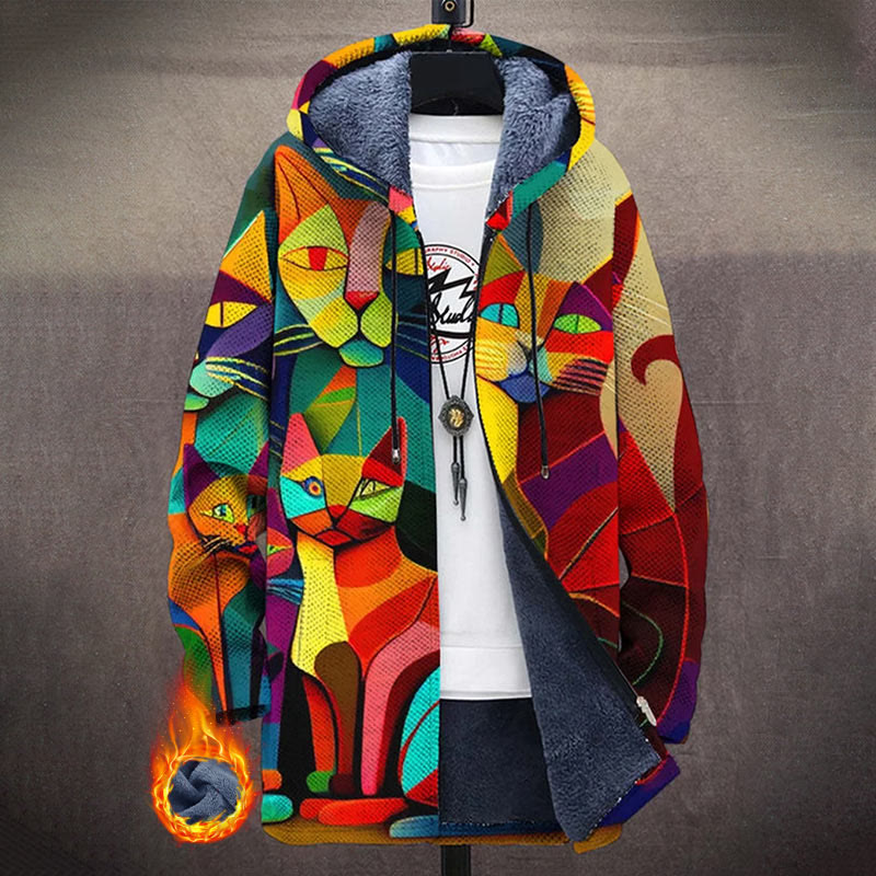 Colorful Color Block Art Cat Art Pattern Print Unisex Plush Thick Long-sleeved Fleece Jacket Coat - Multicolor - 5XL - image 1