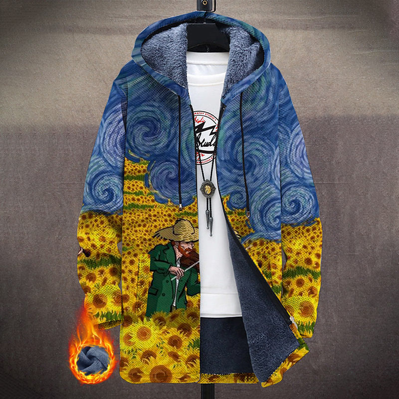Famous Oil Painting Starry Sky And Sunflower Field Print Unisex Plush Thick Long-sleeved Fleece Jacket Coat - Blue - 5XL - image 1