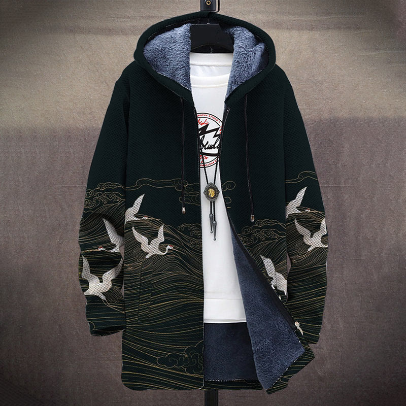 Mysterious Oriental Abstract Silver Auspicious Clouds And Cranes Print Unisex Plush Thick Long-sleeved Fleece Jacket Coat - image 2