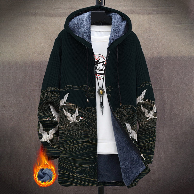 Mysterious Oriental Abstract Silver Auspicious Clouds And Cranes Print Unisex Plush Thick Long-sleeved Fleece Jacket Coat - Black - 5XL - image 1