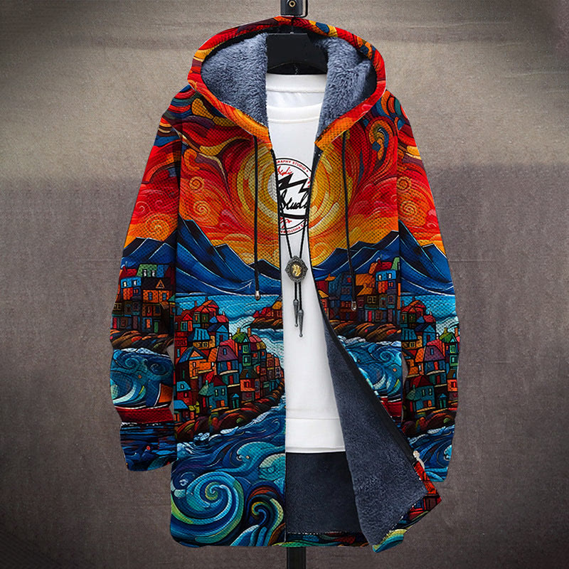 Oil Painting Style Seaside Town Print Unisex Plush Thick Long-sleeved Fleece Jacket Coat - image 2