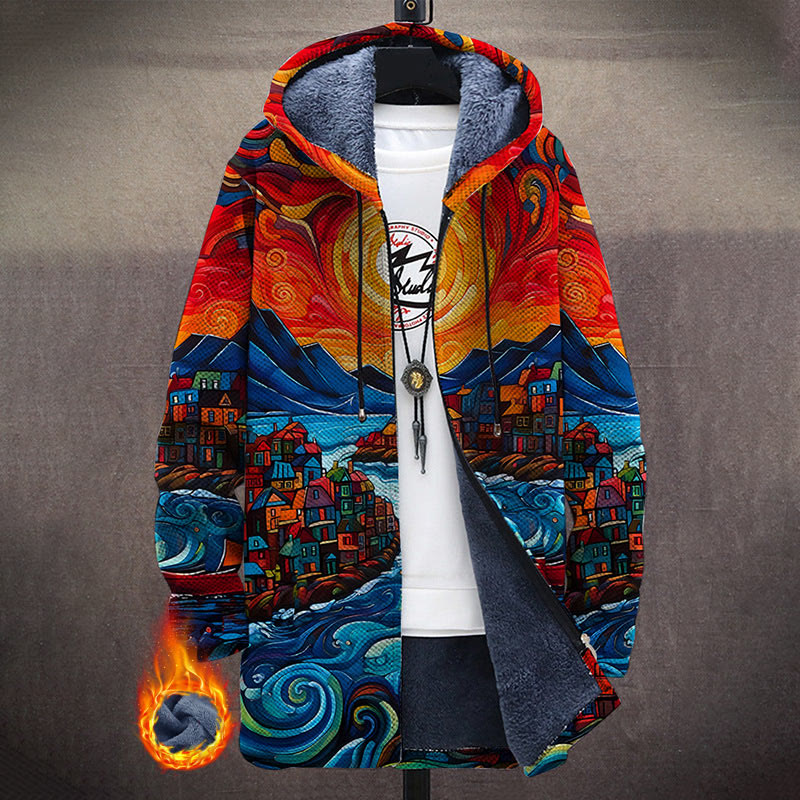 Oil Painting Style Seaside Town Print Unisex Plush Thick Long-sleeved Fleece Jacket Coat - Multicolor - 5XL - image 1