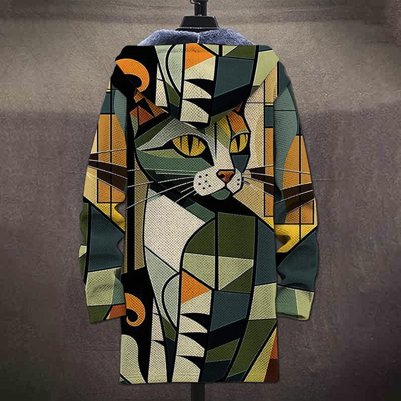 Retro Art Painting Colorful Cat Print Unisex Plush Thick Long-sleeved Fleece Jacket Coat - image 4