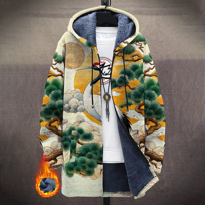 Traditional Crane And Pine Tree Painting Print Unisex Plush Thick Long-sleeved Fleece Jacket Coat - Multicolor - 5XL - image 1