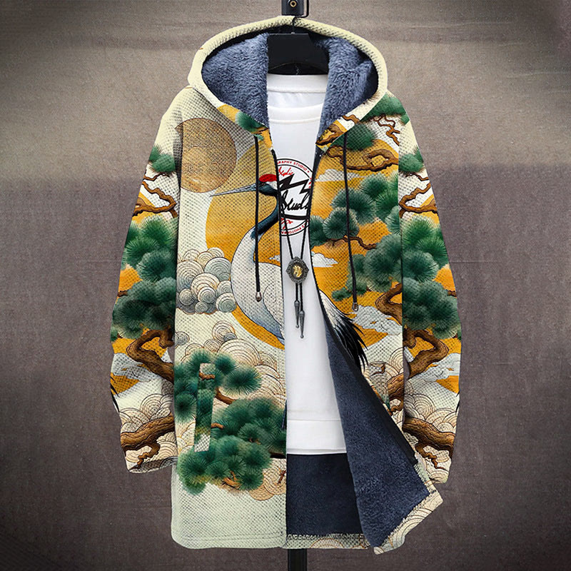 Traditional Crane And Pine Tree Painting Print Unisex Plush Thick Long-sleeved Fleece Jacket Coat - image 2