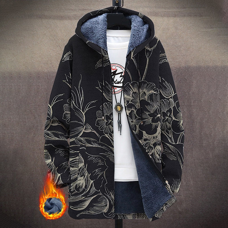 Traditional Floral Pattern Print Unisex Plush Thick Long-sleeved Fleece Jacket Coat - Black - 5XL - image 1