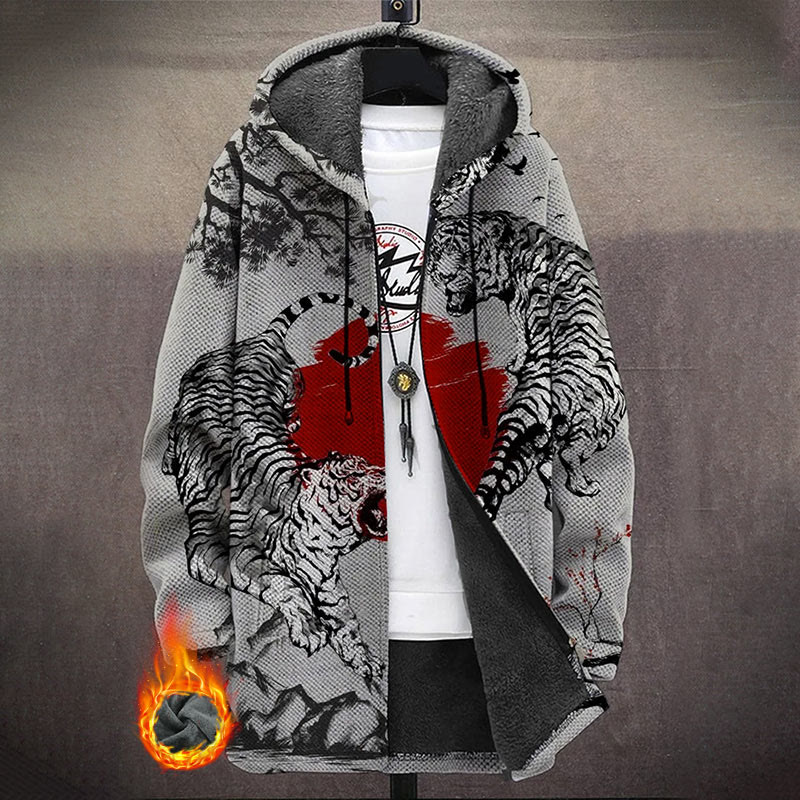 Ukiyo-e Ink Painting Tigers Print Unisex Plush Thick Long-sleeved Fleece Jacket Coat - Grey - 5XL - image 1