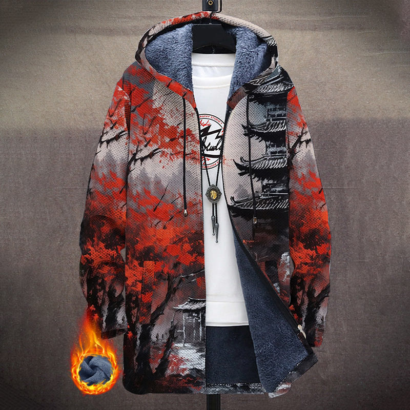 Ukiyoe Red Forest And Antique Tower Print Unisex Plush Thick Long-sleeved Fleece Jacket Coat - Multicolor - 5XL - image 1