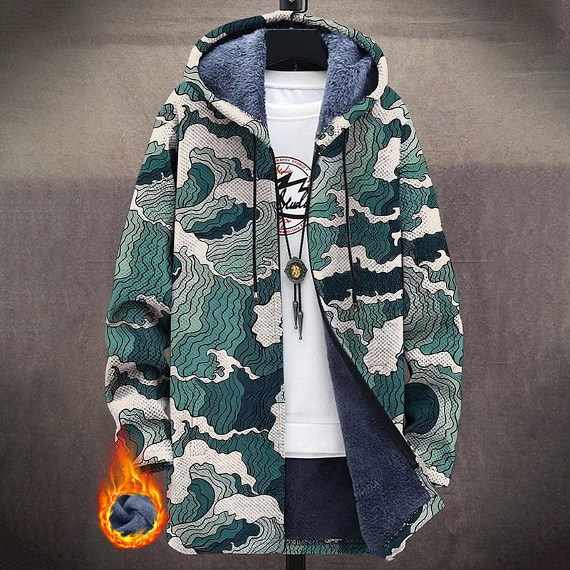 Ukiyo-e Waves Print Unisex Plush Thick Long-sleeved Fleece Jacket Coat - Multicolor - 5XL - image 1