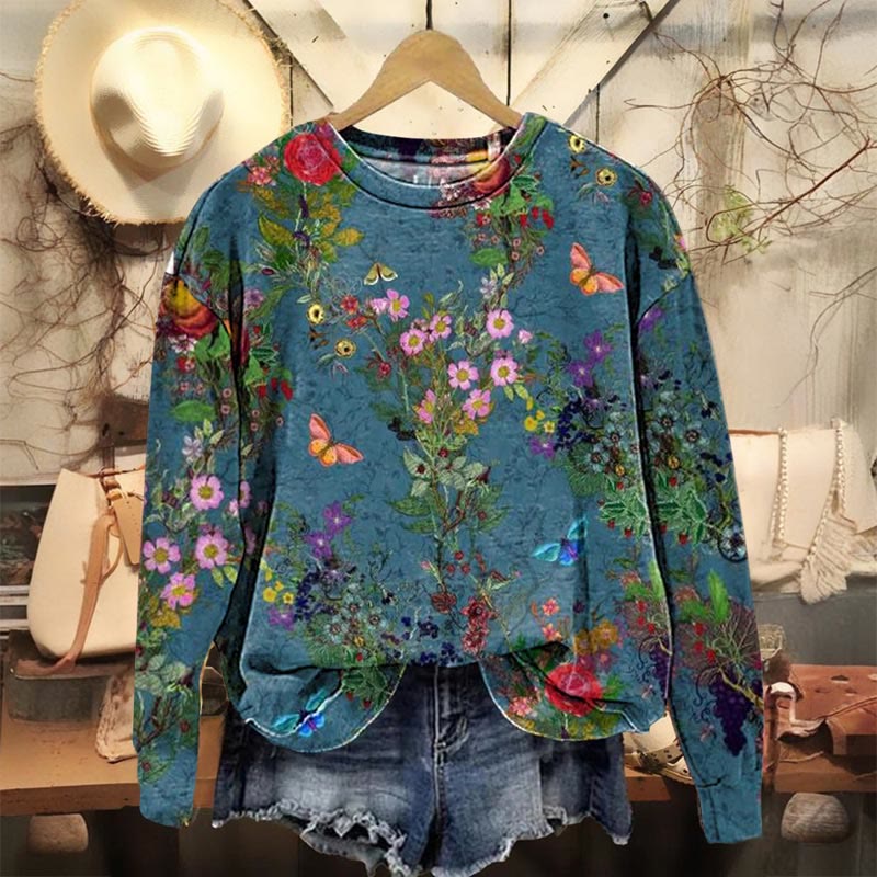 Vintage Floral Art Print Casual Crewneck Sweatshirt - Blue - 5XL - image 1