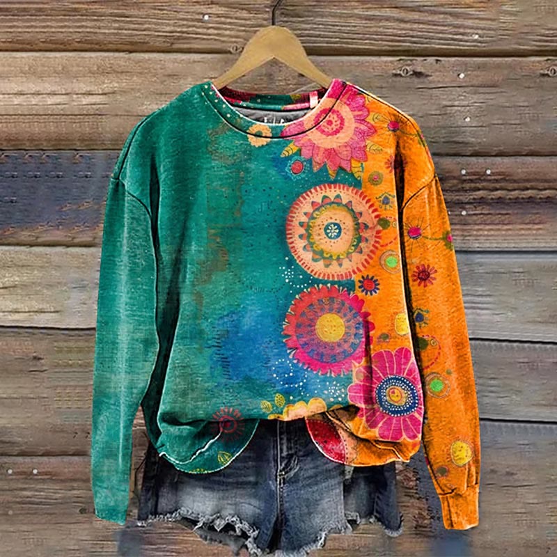 Vintage Love And Peace Flower Art Print Casual Crewneck Sweatshirt - Green - 5XL - image 1