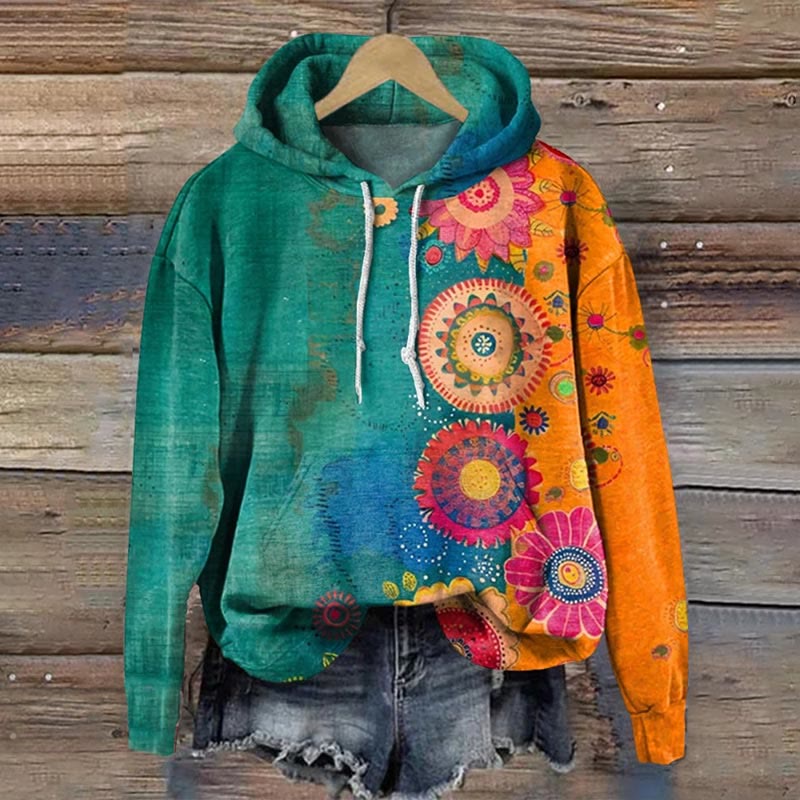 Vintage Love And Peace Flower Art Print Long Sleeve Hoodie - Green - 8XL - image 1