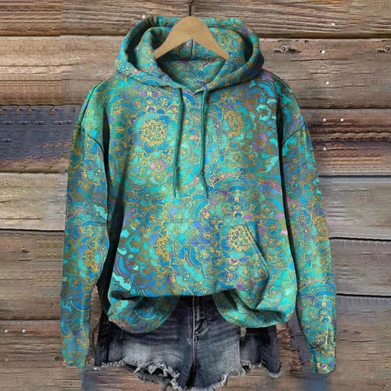 Women's Vintage Ethnic Art Print Long Sleeve Hoodie - Green - 8XL - image 1