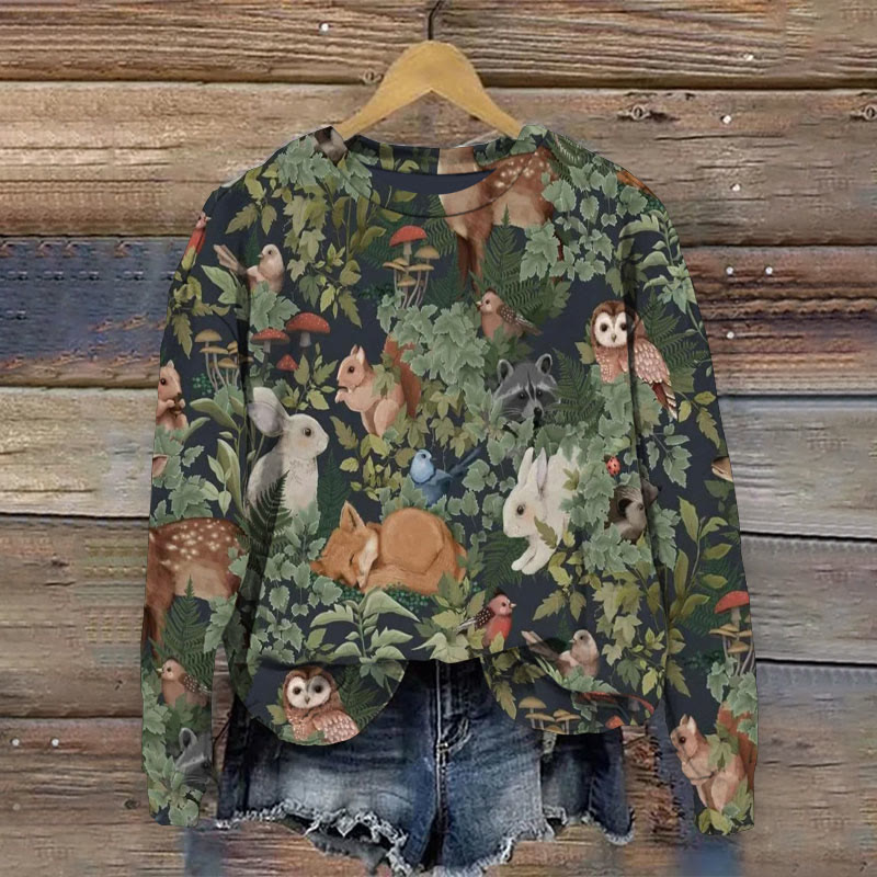 Lovely Floral Animals Art Print Casual Crewneck Sweatshirt - Multicolor - 5XL - image 1
