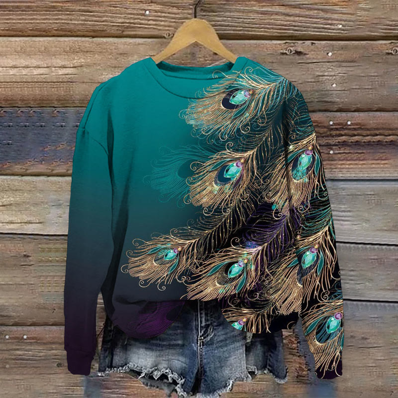 Peacock Feather Art Print Casual Crewneck Sweatshirt - Olive Green - 5XL - image 1