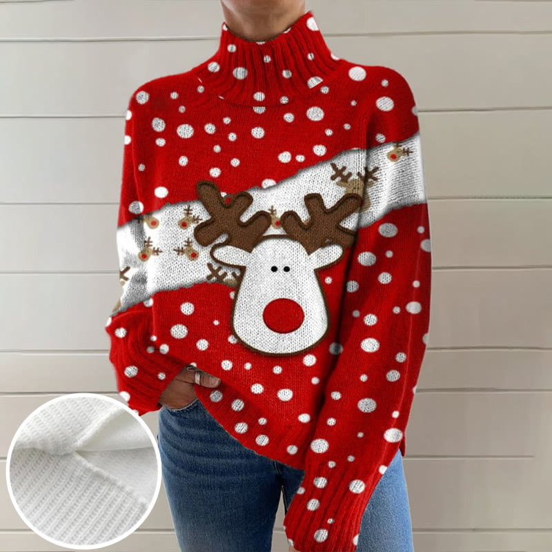 Christmas Red Polka Dot Cute Elk Print Turtleneck Pullover Sweater - Red - 4XL - image 1