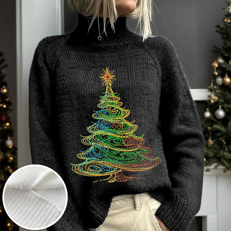 Christmas Tree Embroidery Art Print Turtleneck Pullover Sweater - Black - 4XL - image 1