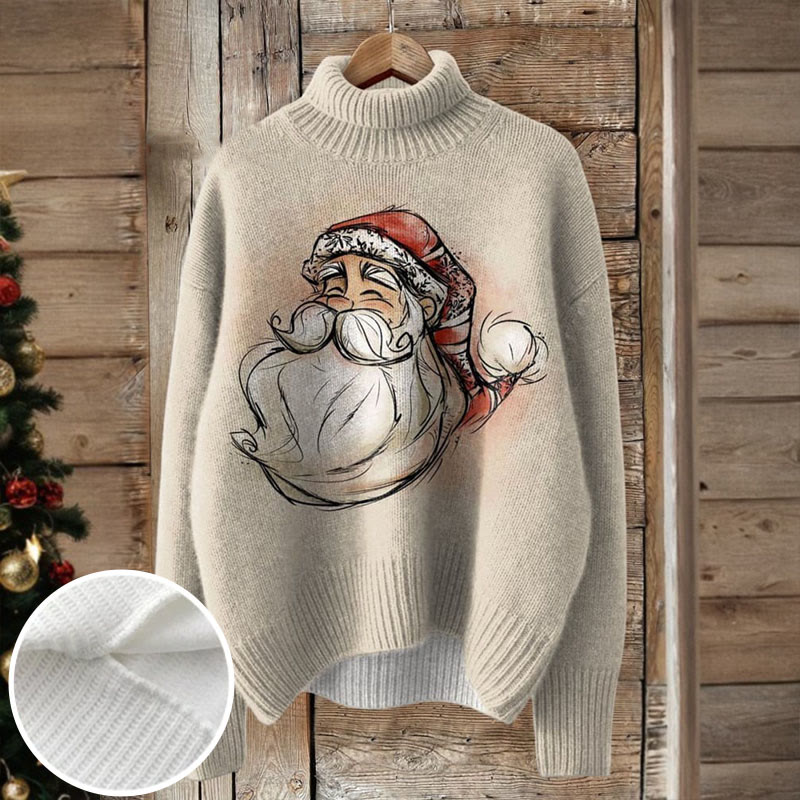 Hand Drawing Style Santa Graphic Print Turtleneck Pullover Sweater - Apricot - 4XL - image 1