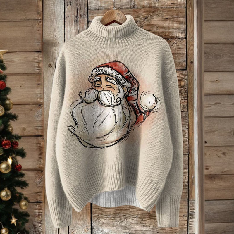Hand Drawing Style Santa Graphic Print Turtleneck Pullover Sweater - image 2